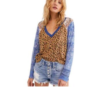 We The Free Womens Friday Night T-Shirt Mixed Media Contrast Sleeve Slub Knit M